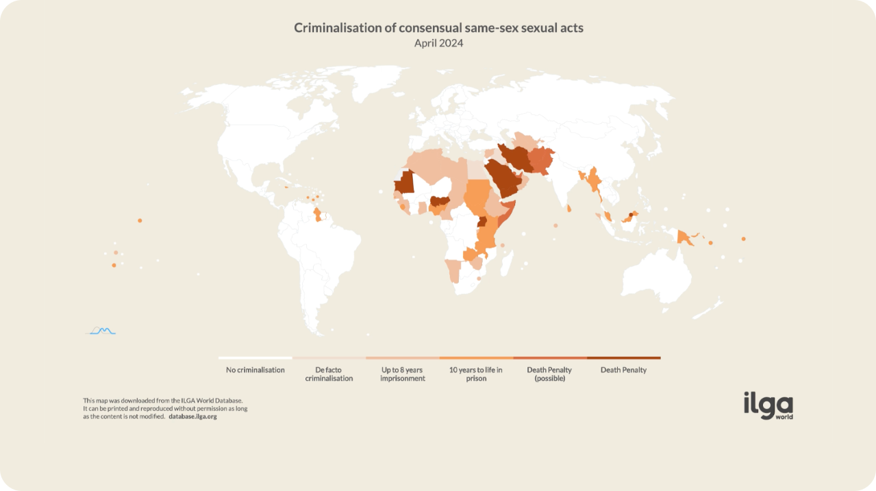 Karte über die Kriminalisierung einvernehmlicher gleichgeschlechtlicher sexueller Handlungen aus dem April 2024.