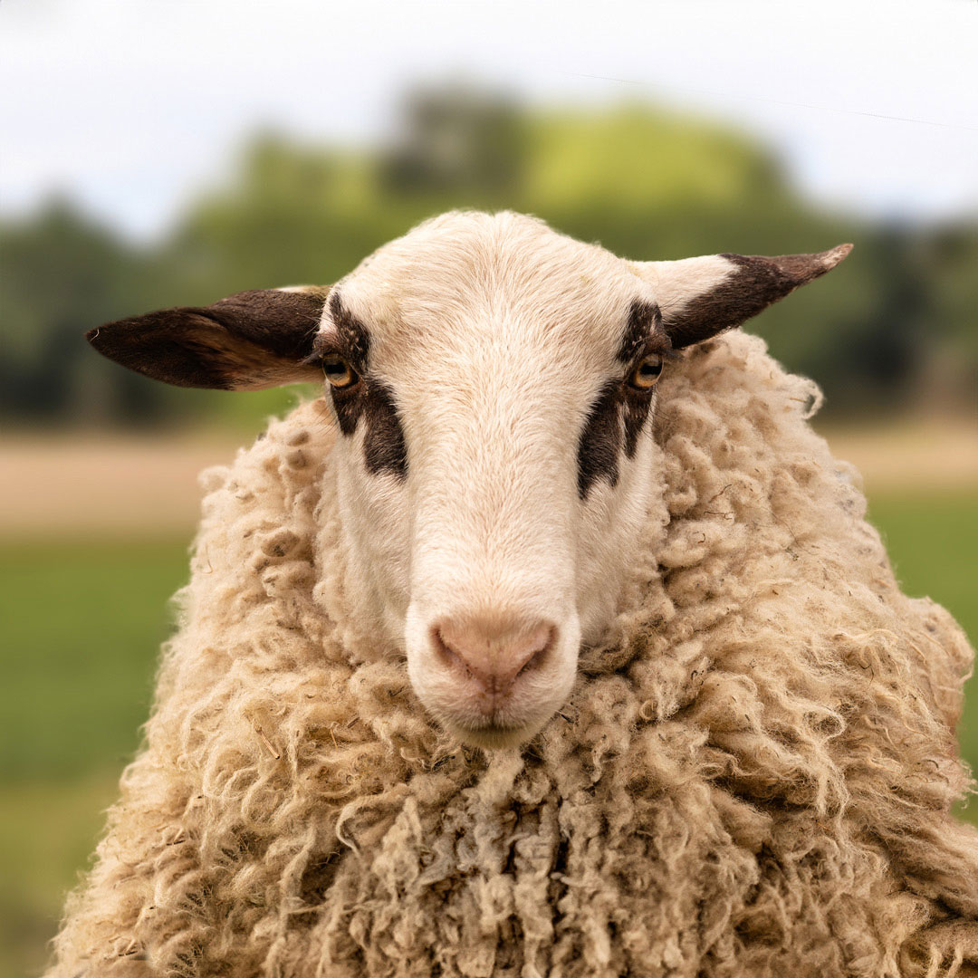 The gay sheep Fridolin von Schaf from the Rainbow Wool flock looks friendly into the camera.