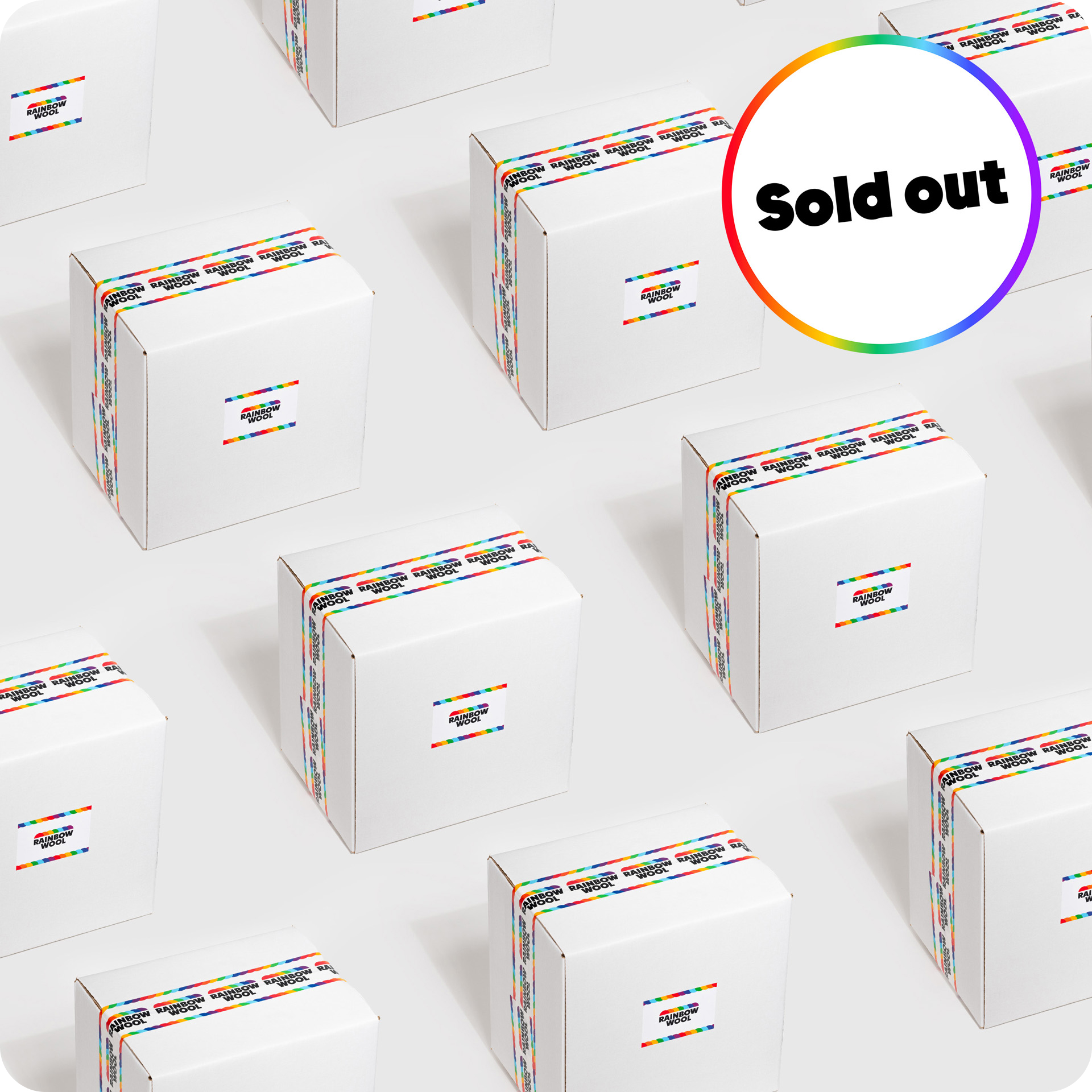 Limited edition “Sold out” Rainbow Wool packages on a white background 