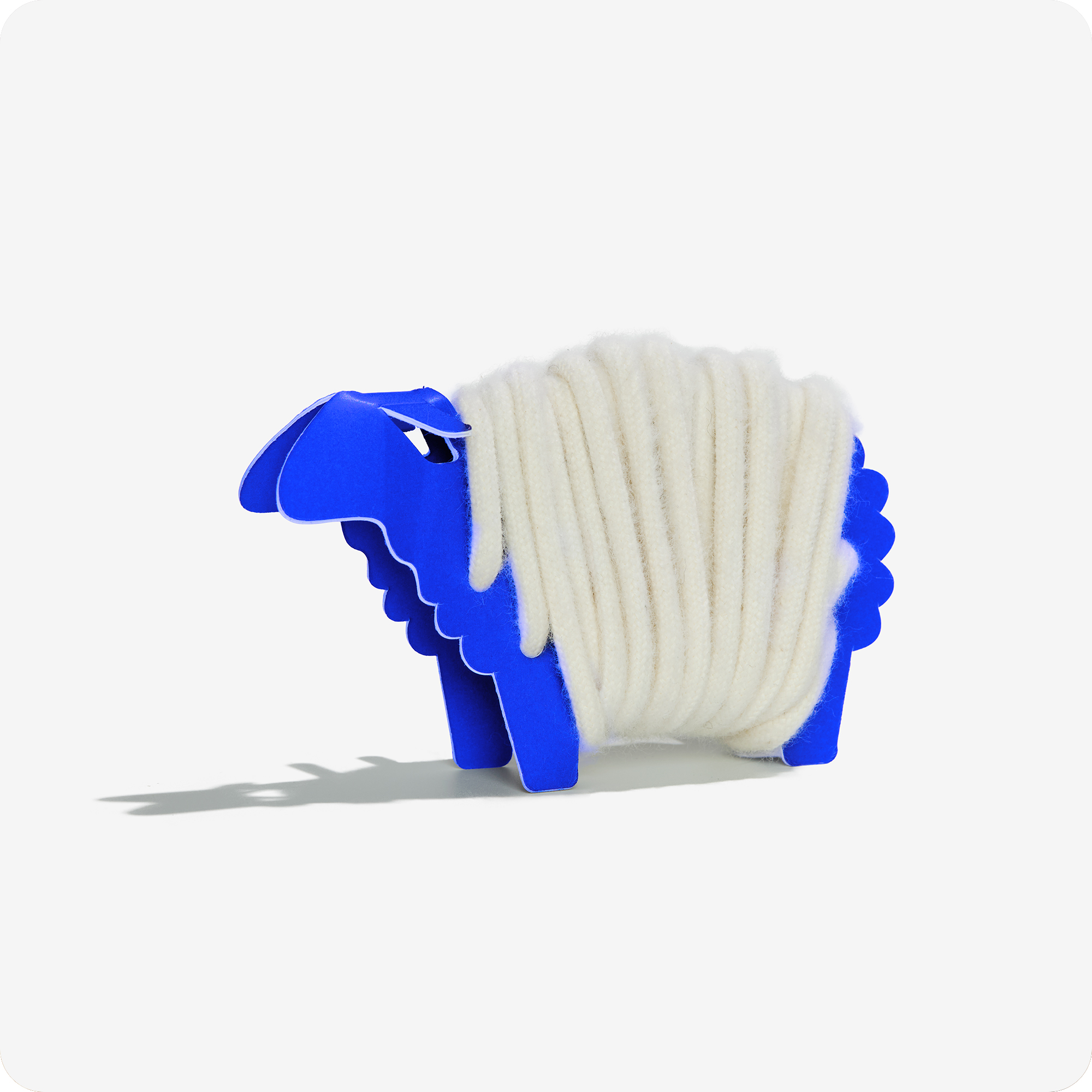 Rainbow Wool Laces made of gay sheep wool wrapped around a blue paper sheep in front of a white background.