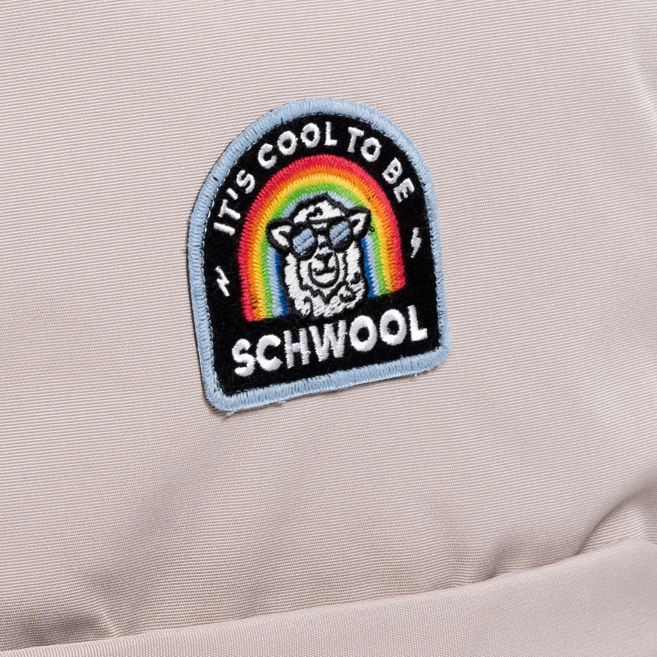 Close up of the limited edition backpack "It's cool to be schwool" 