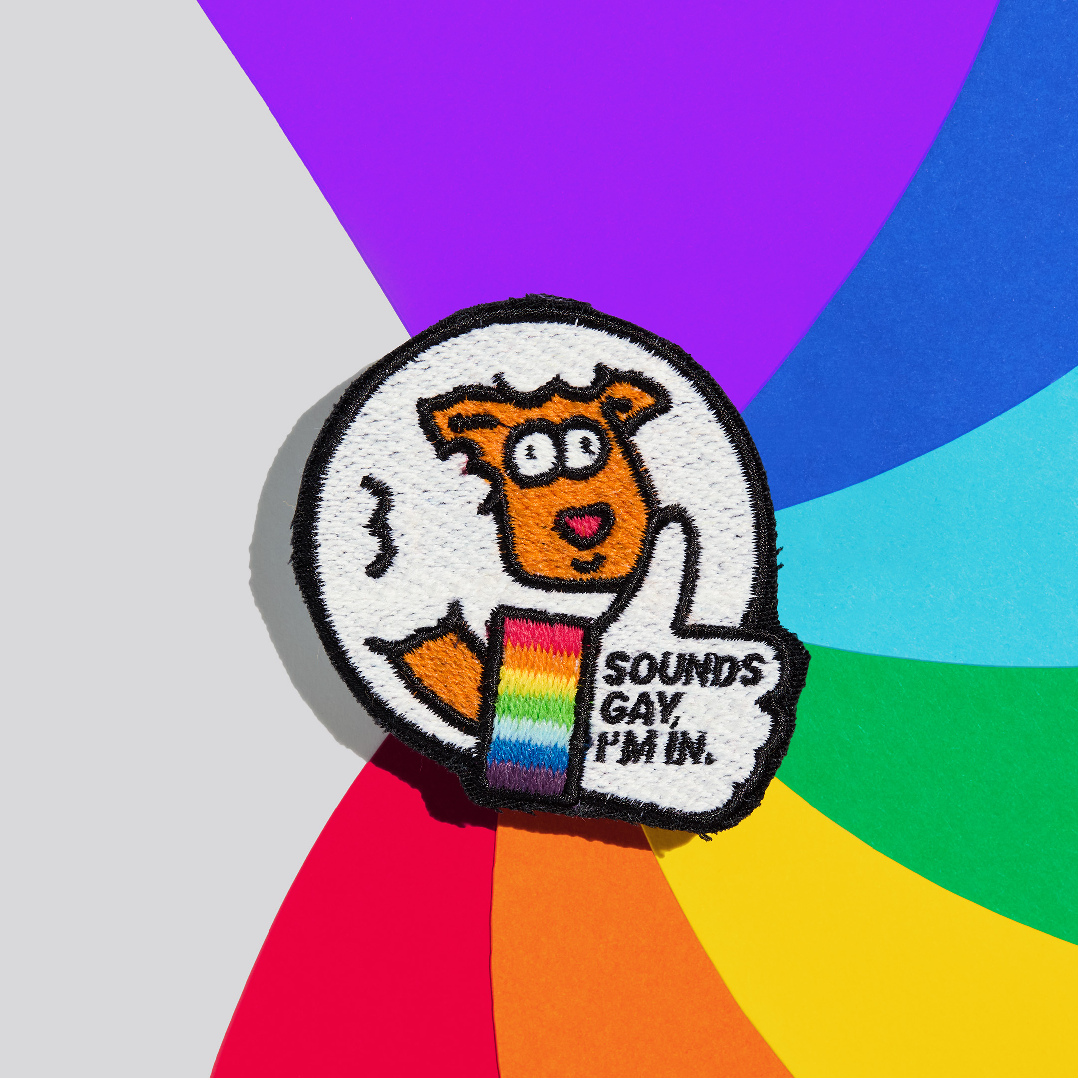 Patch "Sounds gay, I'm in." aus schwuler Schafwolle auf einem bunten Hintergrund.